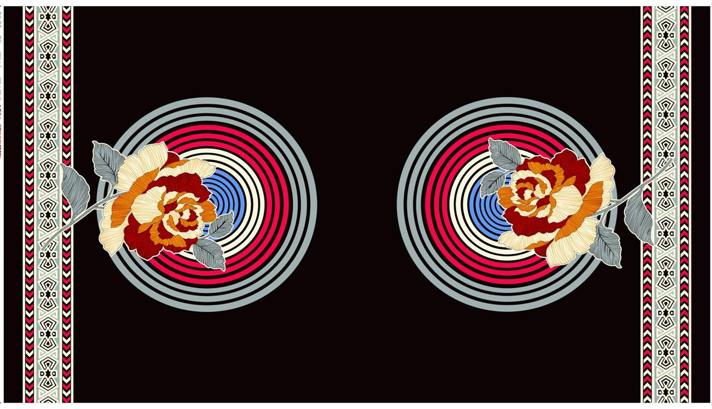 复古民族风玫瑰同心圆面料印花素材,适用于服装印花设计