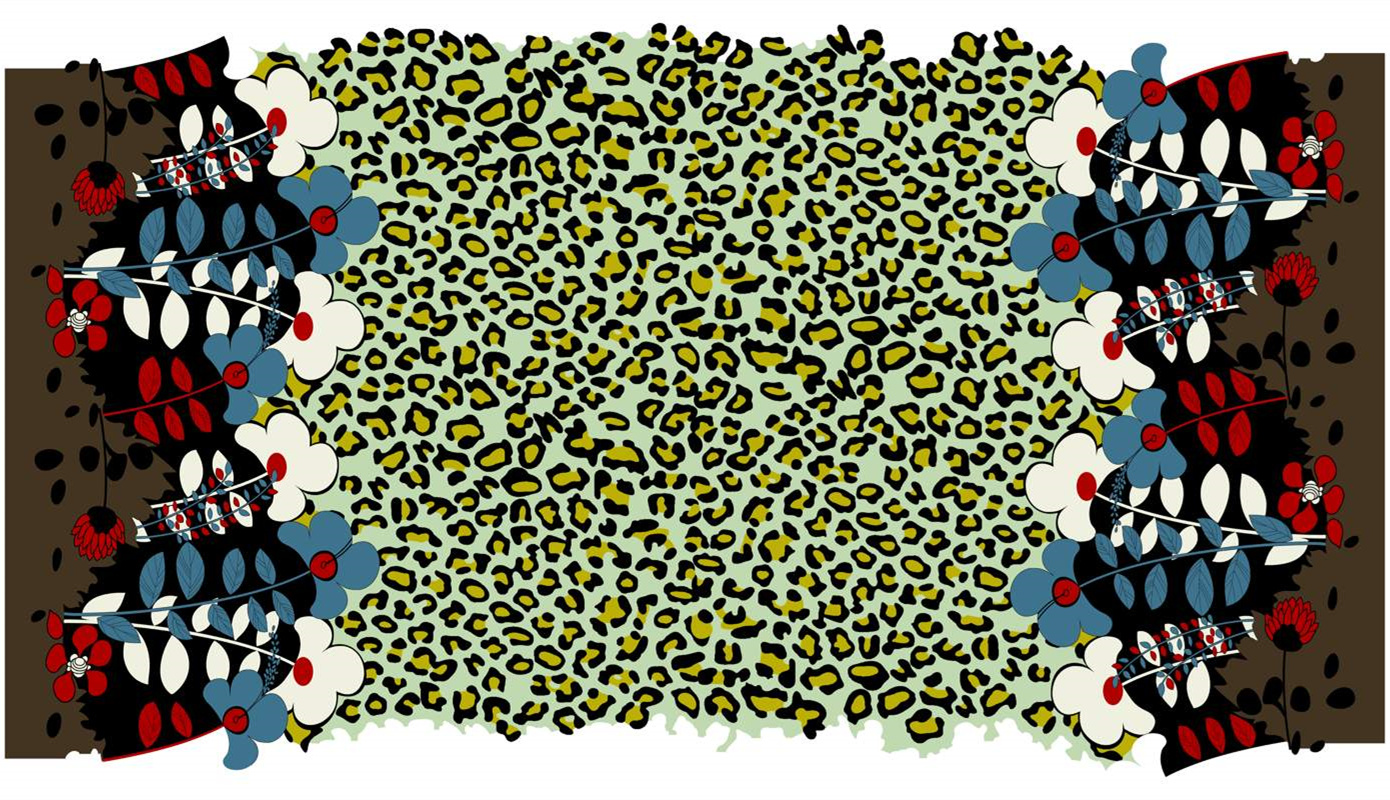 复古花卉与豹纹拼接面料印花素材,适用于服装印花设计