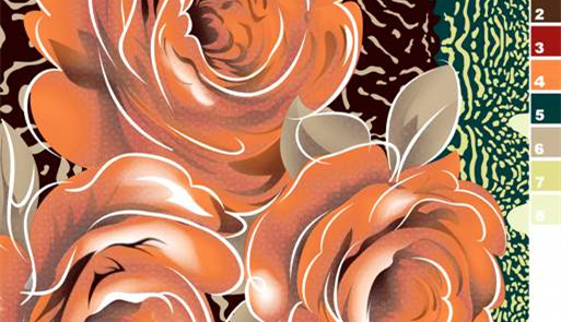 橙调玫瑰手绘风面料印花素材,适用于服装印花设计与数码印制