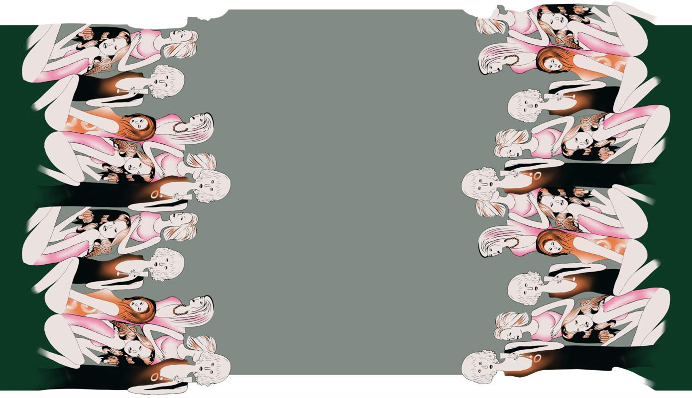 复古插画风女性群像面料印花素材,适用于服装印花设计