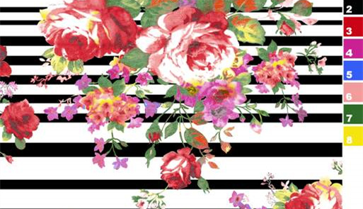 黑白条纹底红粉花卉面料印花素材,适用于服装印花设计