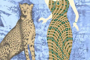 复古豹纹与几何菱格拼接面料印花素材，适用于服装印花设计