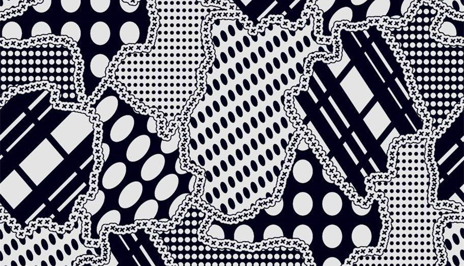 黑白几何拼贴风面料印花素材,适用于服装印花设计与数码印制