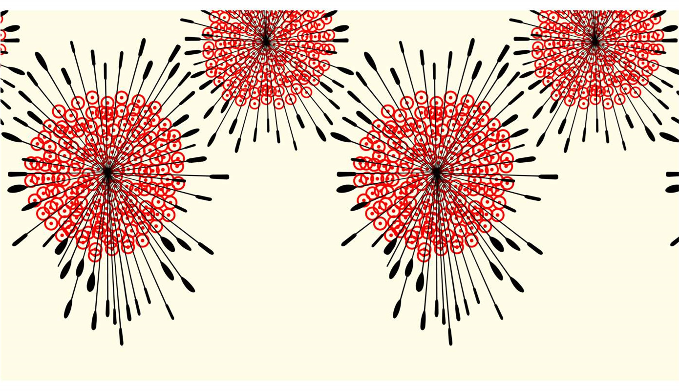 红黑放射状几何花卉面料印花素材,适用于服装印花设计