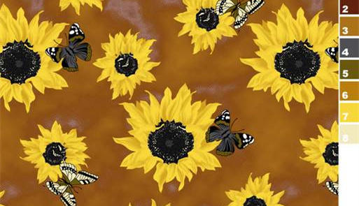 向日葵与蝴蝶手绘风面料印花素材,适用于春夏服装印花设计