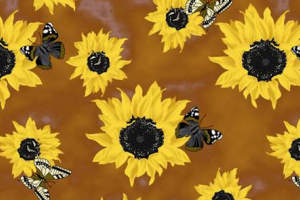 向日葵与蝴蝶手绘风面料印花素材，适用于春夏服装印花设计