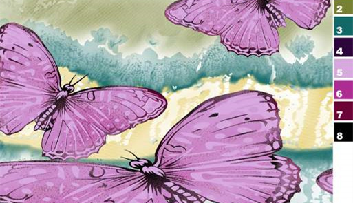 紫色蝴蝶手绘风面料印花素材,适用于春夏服装印花设计