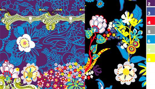 复古花卉与几何线条结合的服装印花素材,适用于面料印花设计