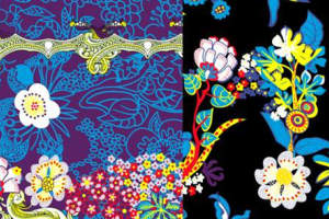 复古花卉与几何线条结合的服装印花素材，适用于面料印花设计