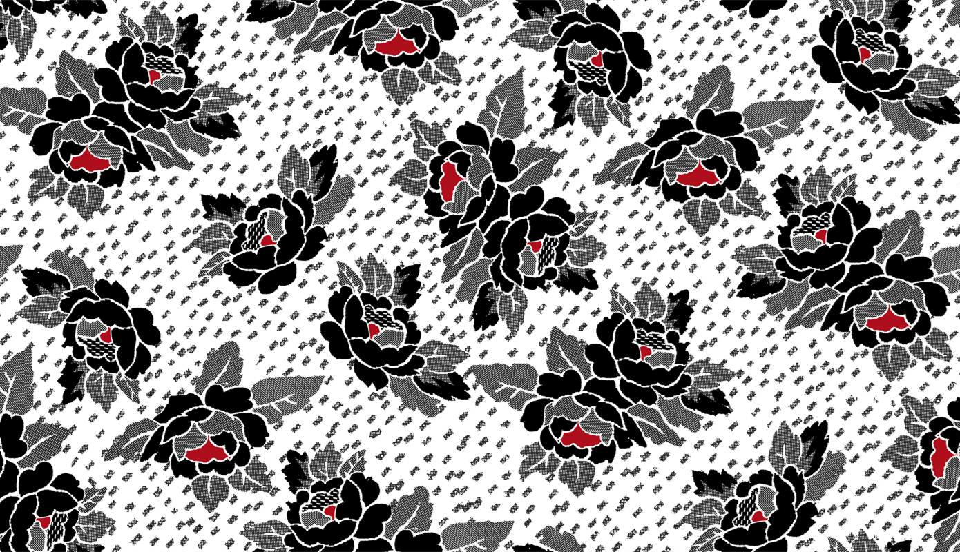 经典黑灰红牡丹面料印花素材,适用于服装印花设计与数码印染