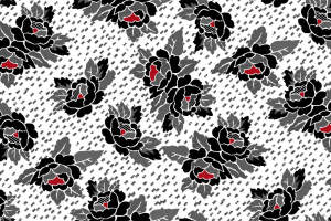 经典黑灰红牡丹面料印花素材，适用于服装印花设计与数码印染