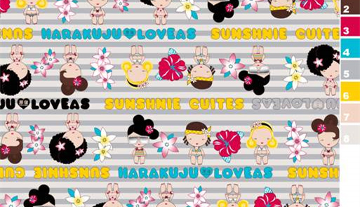 可爱卡通人物与花卉组合面料印花素材,适用于儿童服装印花设计