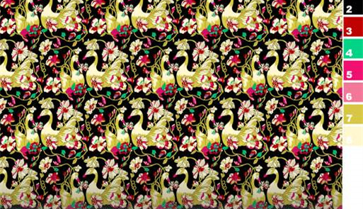 复古金鹤花卉面料印花素材,适用于服装印花设计与高端服饰定制