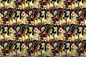 复古金鹤花卉面料印花素材，适用于服装印花设计与高端服饰定制