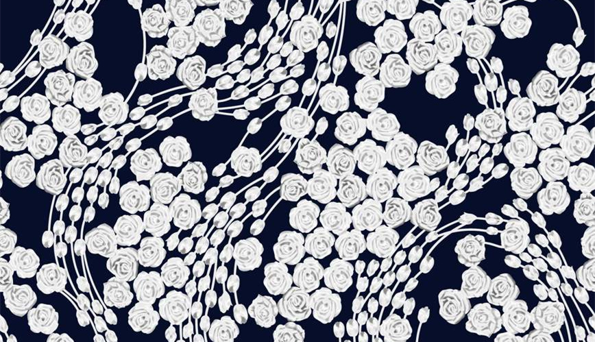 深蓝底白玫瑰藤蔓面料印花素材,适用于服装印花设计