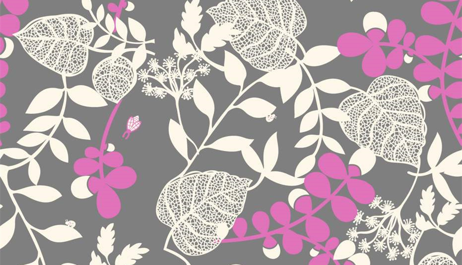 灰底粉白植物镂空花型面料印花素材,适用于服装印花设计