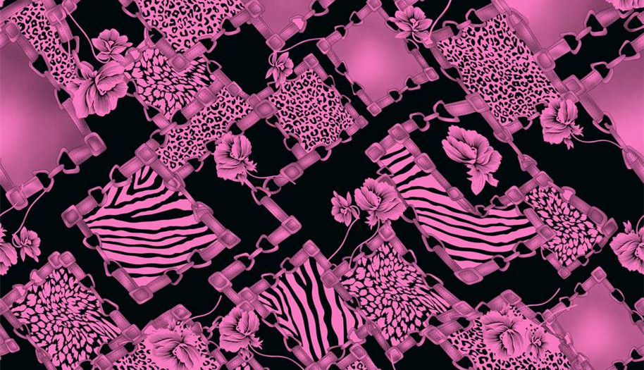 高对比粉黑豹纹斑马纹花卉拼接面料印花素材图