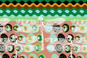 复古手绘蜻蜓波浪纹面料印花素材，适用于服装印花设计