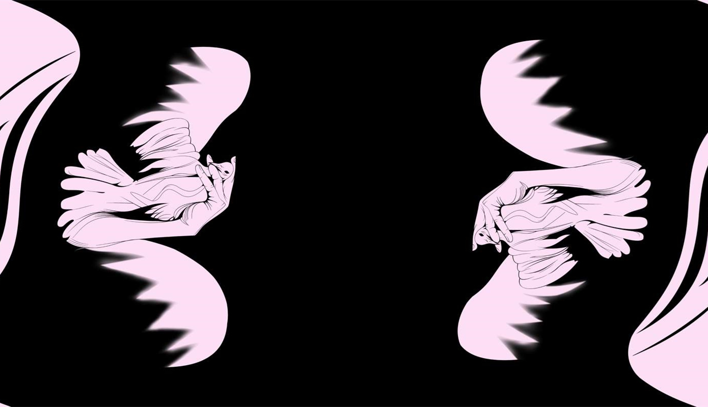 黑白对比手绘飞鸟图案面料印花素材,适用于服装印花设计