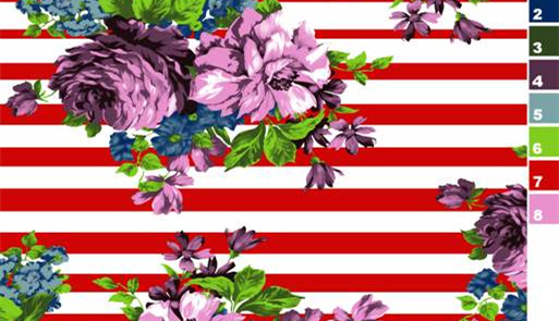 红白条纹底花卉面料印花素材,适用于服装印花设计与数码印染