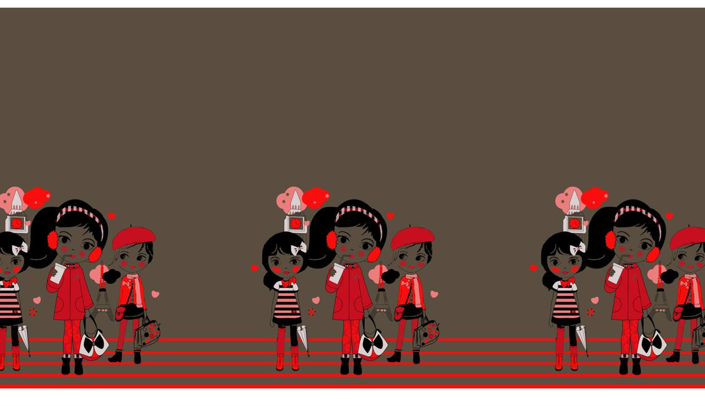 复古红黑插画风服装印花素材,适用于童装与潮流女装面料印花设计