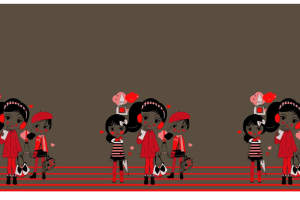 复古红黑插画风服装印花素材，适用于童装与潮流女装面料印花设计