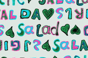 手绘涂鸦风字母爱心图案面料印花素材，适用于服装印花设计