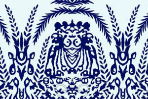 蓝白对称植物纹样面料印花素材，适用于服装印花设计