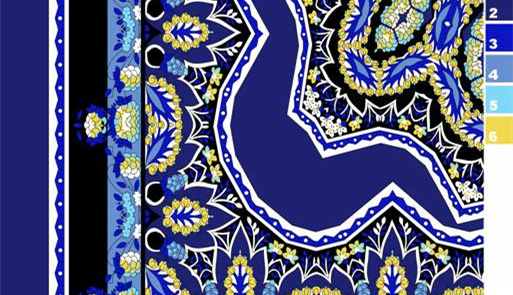 深蓝金边佩斯利花纹面料印花素材,适用于高端服装印花设计