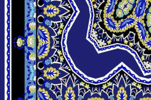 深蓝金边佩斯利花纹面料印花素材，适用于高端服装印花设计