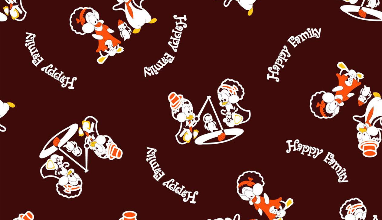 复古卡通家庭主题面料印花素材,适用于儿童服装印花设计