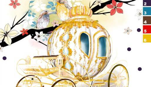 梦幻童话风面料印花素材:金色马车与樱花鸟语图案适用于服装印花设计