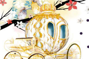 梦幻童话风面料印花素材：金色马车与樱花鸟语图案适用于服装印花设计