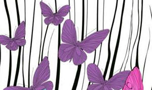 紫色蝴蝶穿行黑线背景的服装印花素材，清新灵动适合春夏面料印花设计