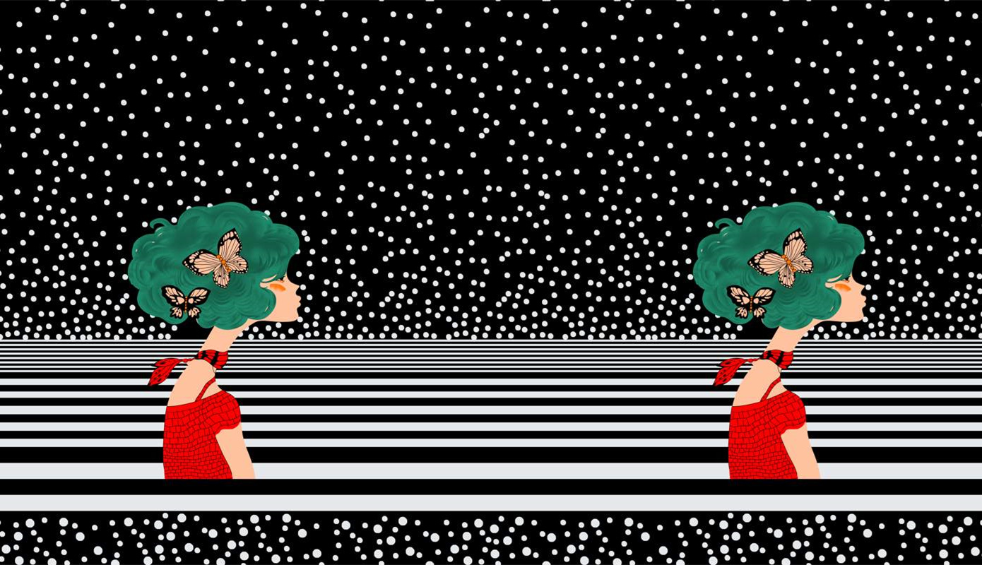 复古波点条纹蝴蝶绿发女郎——服装印花高清素材图