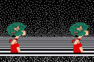 复古波点条纹蝴蝶绿发女郎——服装印花高清素材图