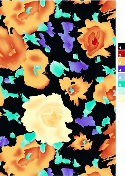 黑底橙色玫瑰服装印花素材,时尚面料印花图案下载