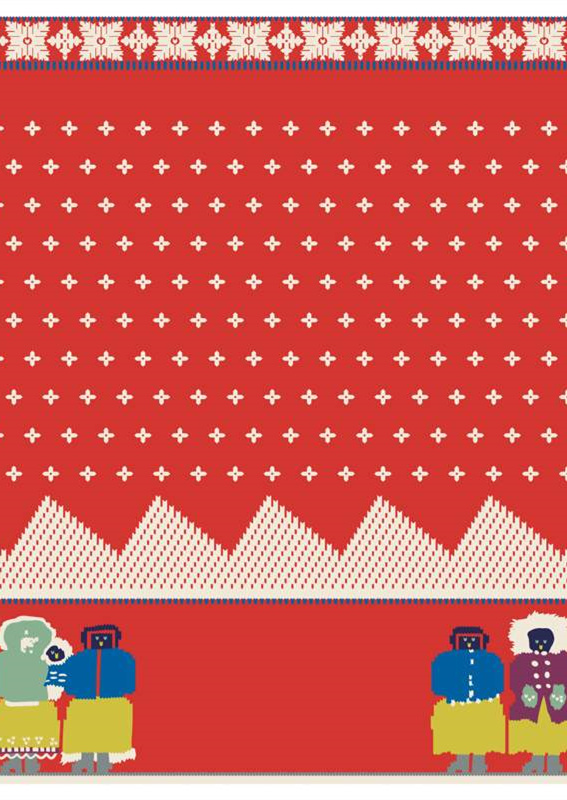 红色几何人物图案面料印花 冬季服装印花素材