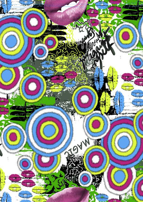 潮流街头风面料印花素材,彩色同心圆与嘴唇图案设计