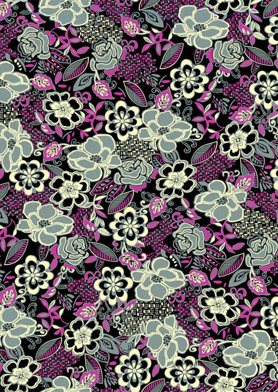 复古黑底紫灰花卉服装印花,高品质面料印花设计素材