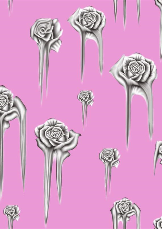 银色玫瑰融化效果面料印花素材