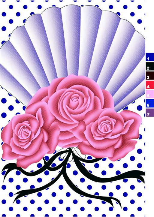 粉色玫瑰与折扇波点服装印花,复古风格面料印花素材