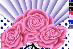 粉色玫瑰与折扇波点服装印花，复古风格面料印花素材