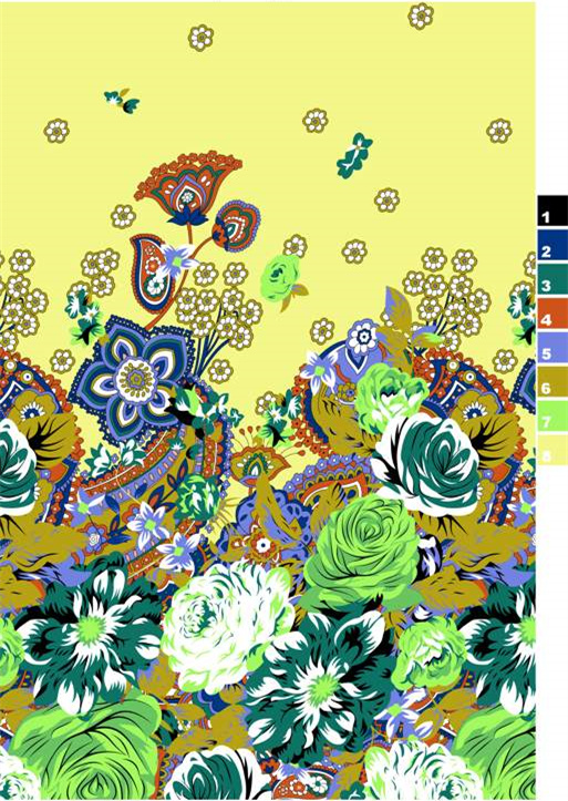 明亮黄色底绿色玫瑰服装印花面料印花高清素材