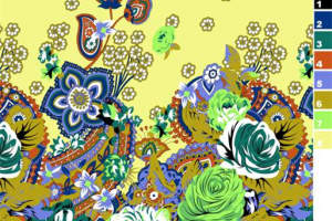 明亮黄色底绿色玫瑰服装印花面料印花高清素材