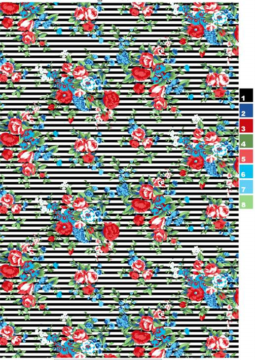 经典红蓝花卉条纹服装印花,高清面料印花设计素材