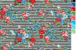 经典红蓝花卉条纹服装印花，高清面料印花设计素材