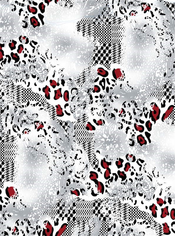 时尚红黑豹纹与几何格纹融合的面料印花设计素材