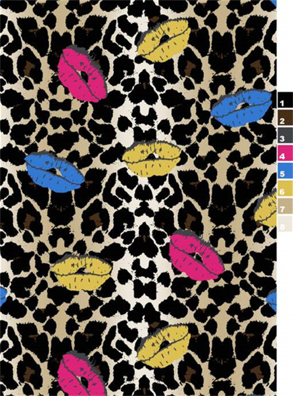 豹纹配彩色唇印 时尚服装印花面料设计素材