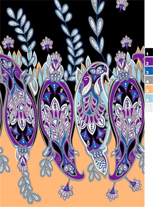 复古紫蓝佩斯利面料印花 高端服装印花设计素材